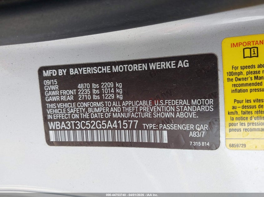 2016 BMW 4er VIN WBA3T3C52G5A41577 IAAI salvage auction — REAR END, Wait Title, sold $2,975 on 2026-07-29 (photo 9)