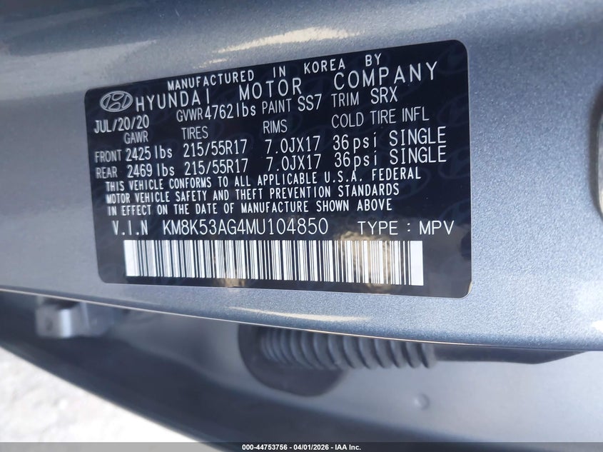 2021 Hyundai Kona VIN KM8K53AG4MU104850 IAAI salvage auction — FRONT END, Salvage (Virginia), sold $4,400 on 2026-07-24 (photo 9)