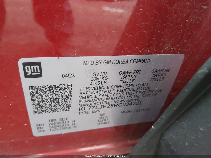 2024 Chevrolet Trax VIN KL77LJE28RC034721 IAAI salvage auction — LEFT SIDE, Wait Title, sold $7,200 on 2026-07-16 (photo 9)