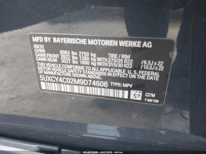 2021 BMW X6 VIN 5UXCY4C02M9D74606 IAAI salvage auction — LEFT REAR, Wait Title, sold $29,850 on 2026-07-08 (photo 9)