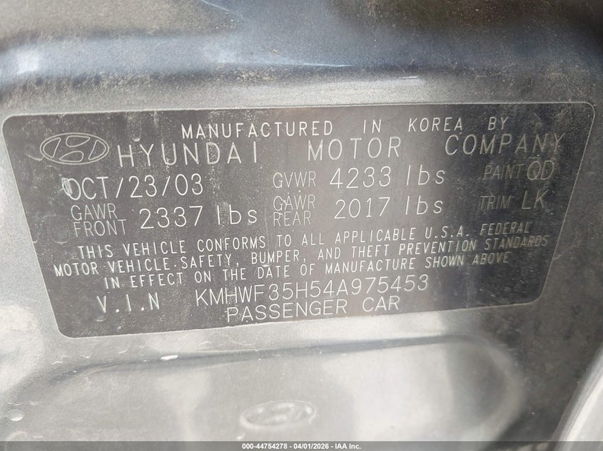 2004 Hyundai Sonata VIN KMHWF35H54A975453 IAAI salvage auction — FRONT END, Salvage (Arkansas), sold $250 on 2026-07-13 (photo 9)