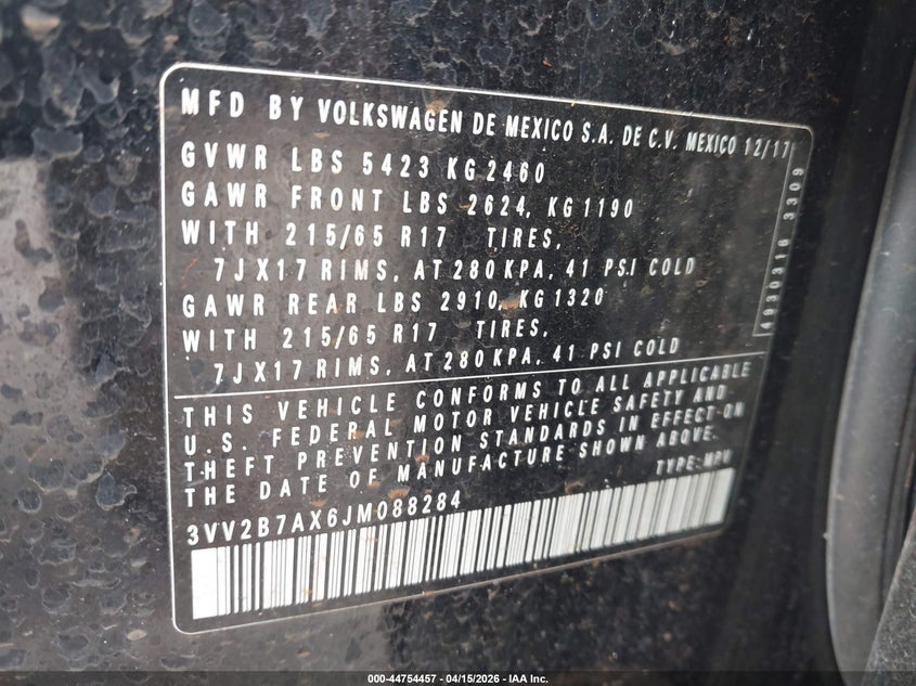 2018 Volkswagen Tiguan VIN 3VV2B7AX6JM088284 IAAI salvage auction — WATER/FLOOD, Salvage (Hawaii), sold $1,175 on 2026-08-04 (photo 9)