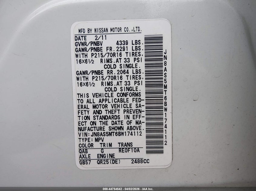 2011 Nissan Rogue VIN JN8AS5MT6BW174112 IAAI salvage auction — LEFT REAR, Clear (Illinois), sold $300 on 2026-07-28 (photo 9)