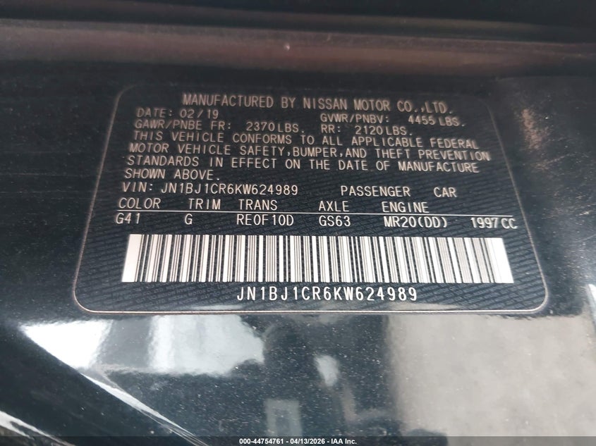 2019 Nissan Rogue VIN JN1BJ1CR6KW624989 IAAI salvage auction — RIGHT FRONT, Salvage Title, sold $1,100 on 2026-07-24 (photo 9)