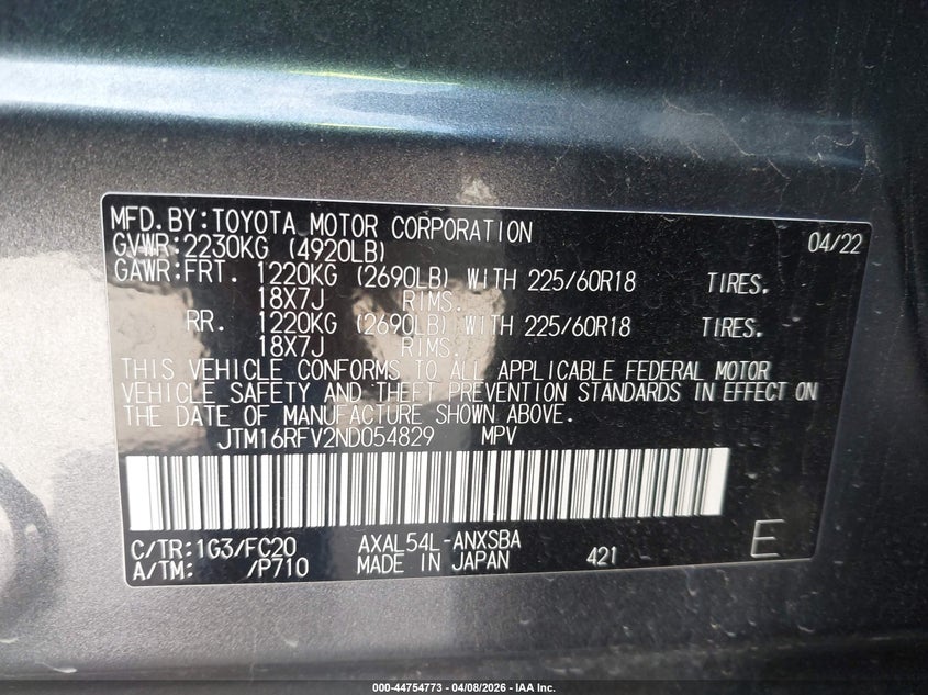 2022 Toyota Rav 4 VIN JTM16RFV2ND054829 IAAI salvage auction — FRONT END, Original (Texas), sold $13,000 on 2026-07-21 (photo 9)