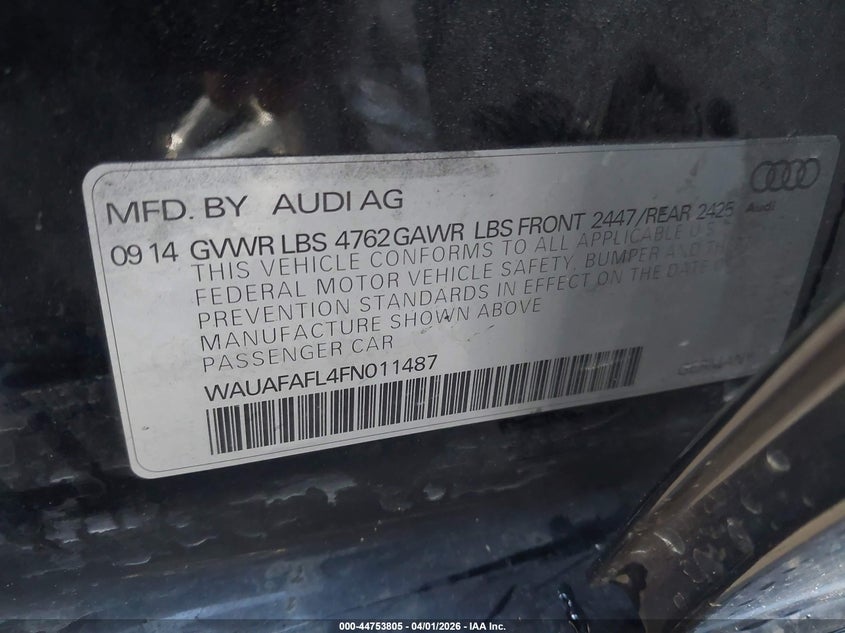 2015 Audi A4 VIN WAUAFAFL4FN011487 IAAI salvage auction — LEFT FRONT, Wait Title, sold $1,775 on 2026-08-14 (photo 9)