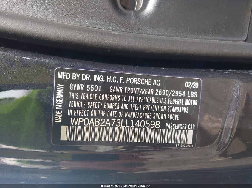 2020 Porsche Panamera VIN WP0AB2A73LL140598 IAAI salvage auction — RIGHT FRONT, Wait Title, sold $25,250 on 2026-07-27 (photo 9)