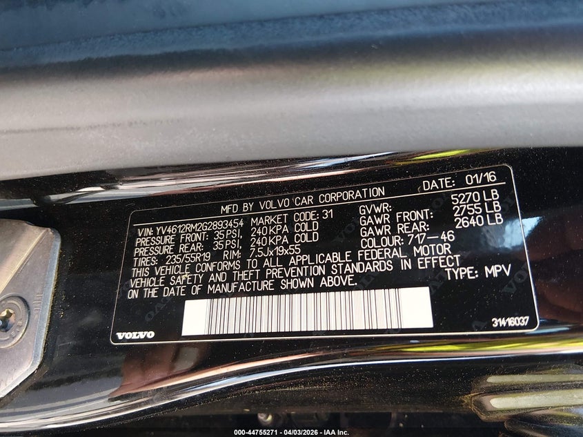 2016 Volvo Xc60 VIN YV4612RM2G2893454 IAAI salvage auction — FRONT END, Wait Title, sold $1,750 on 2026-07-22 (photo 9)