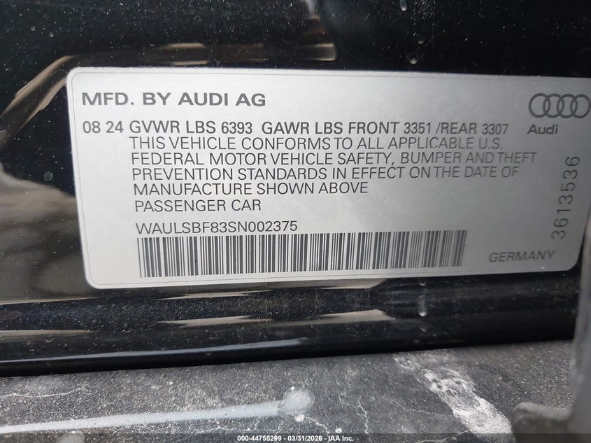 2025 Audi S8 VIN WAULSBF83SN002375 IAAI salvage auction — REAR END, Wait Title, sold $67,750 on 2026-07-08 (photo 9)