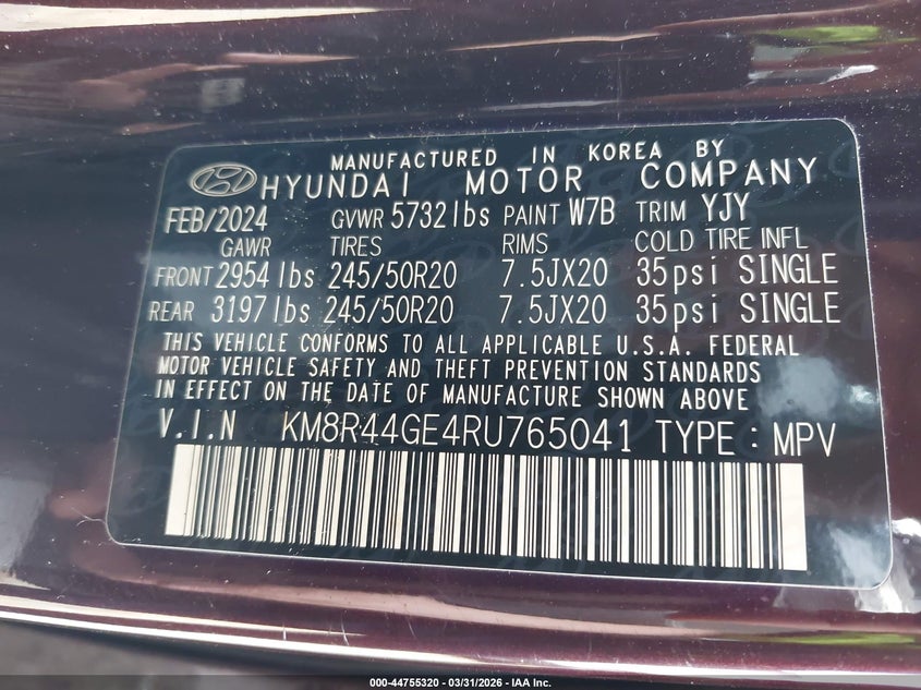 2024 Hyundai Palisade VIN KM8R44GE4RU765041 IAAI salvage auction — REAR END, Wait Title, sold $13,850 on 2026-07-14 (photo 9)