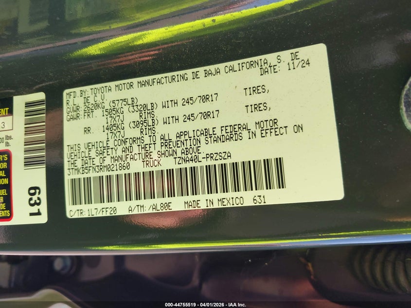 2024 Toyota Tacoma VIN 3TMKB5FN3RM021860 IAAI salvage auction — RIGHT FRONT, Wait Title, sold $13,100 on 2026-08-25 (photo 9)