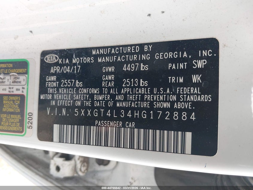 2017 Kia Optima VIN 5XXGT4L34HG172884 IAAI salvage auction — RIGHT SIDE, Wait Title, sold $925 on 2026-07-29 (photo 9)