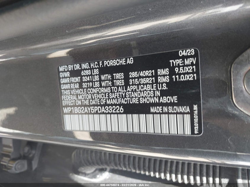2023 Porsche Cayenne coupe VIN WP1BG2AY5PDA33226 IAAI salvage auction — Front & Rear, Certificate Of Destruction (Florida), sold $30,000 on 2026-04-28 (photo 9)