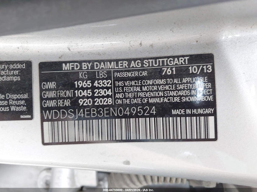 2014 Mercedes-benz Cla-klasse VIN WDDSJ4EB3EN049524 IAAI salvage auction — FRONT & REAR, Salvage (Texas), sold $1,525 on 2026-07-28 (photo 9)