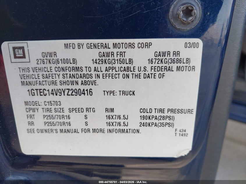 2000 Gmc SIERRA VIN 1GTEC14V9YZ290416 IAAI salvage auction — THEFT, Salvage (California), sold $750 on 2026-07-09 (photo 9)