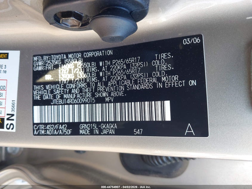 2006 Toyota 4runner VIN JTEBU14R060099015 IAAI salvage auction — RIGHT REAR, Salvage (Georgia), sold $4,150 on 2026-07-15 (photo 9)