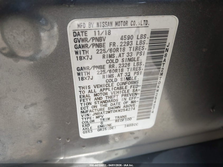2019 Nissan Rogue VIN JN8AT2MT0KW254274 IAAI salvage auction — FRONT END, Salvage - Greater Than 75% (Maryland), sold $1,750 on 2026-07-31 (photo 9)