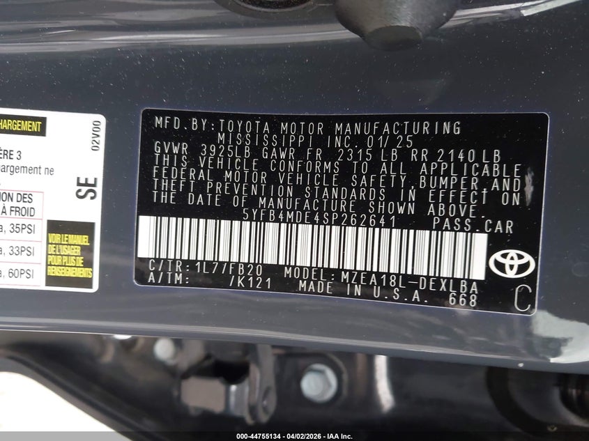 2025 Toyota Corolla VIN 5YFB4MDE4SP262641 IAAI salvage auction — FRONT END, Original (Texas), sold $6,600 on 2026-07-22 (photo 9)