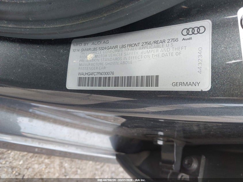2015 Audi A6 VIN WAUHGAFC7FN030076 IAAI salvage auction — FRONT END, Salvage (Texas), sold $300 on 2026-07-29 (photo 9)