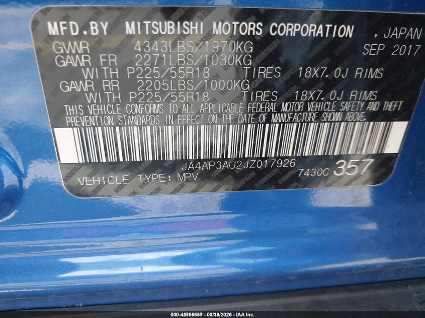 2018 Mitsubishi Outlander VIN JA4AP3AU2JZ017926 IAAI salvage auction — FRONT END, Rebuildable (Florida), sold $2,950 on 2026-07-23 (photo 9)