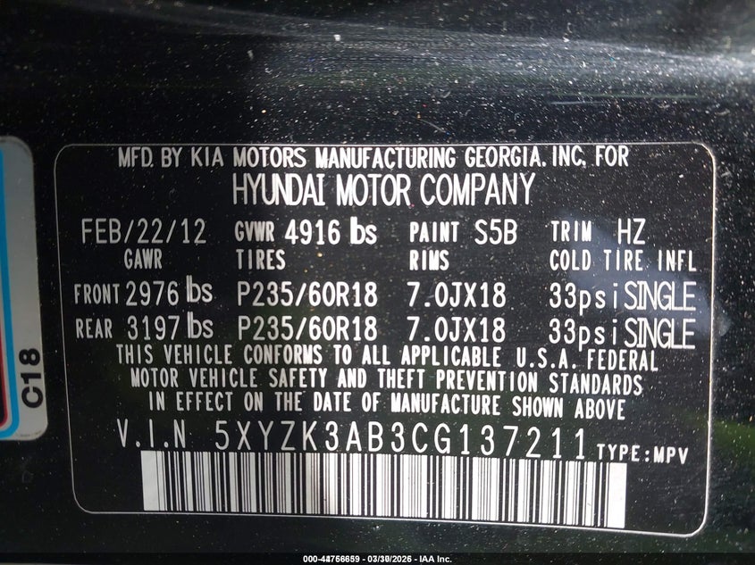 2012 Hyundai Santa fe VIN 5XYZK3AB3CG137211 IAAI salvage auction — FRONT END, Wait Title, sold $1,025 on 2026-07-06 (photo 9)