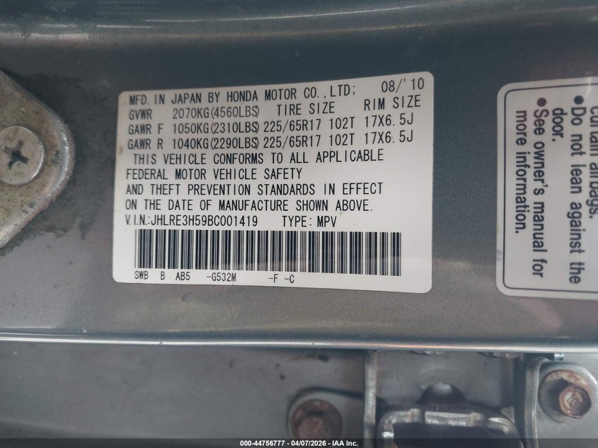 2011 Honda Cr-v VIN JHLRE3H59BC001419 IAAI salvage auction — FRONT END, Salvage (Hawaii), sold $25 on 2026-07-21 (photo 9)