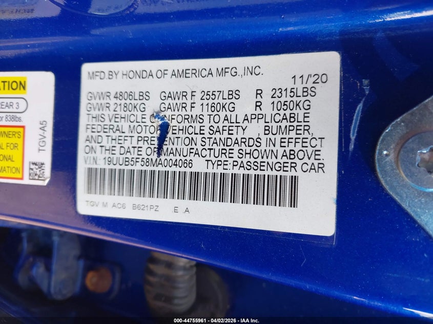 2021 Acura Tlx VIN 19UUB5F58MA004066 IAAI salvage auction — REAR END, Salvage - 75% Or Less (Maryland), sold $8,300 on 2026-07-24 (photo 9)