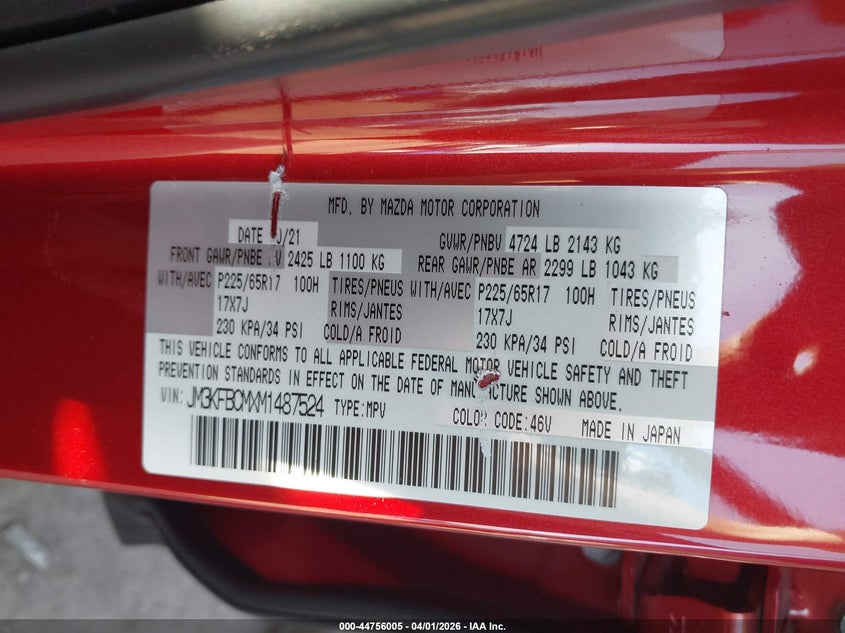 2021 Mazda Cx-5 VIN JM3KFBCMXM1487524 IAAI salvage auction — RIGHT FRONT, Salvage - Greater Than 75% (Maryland), sold $25 on 2026-07-21 (photo 9)