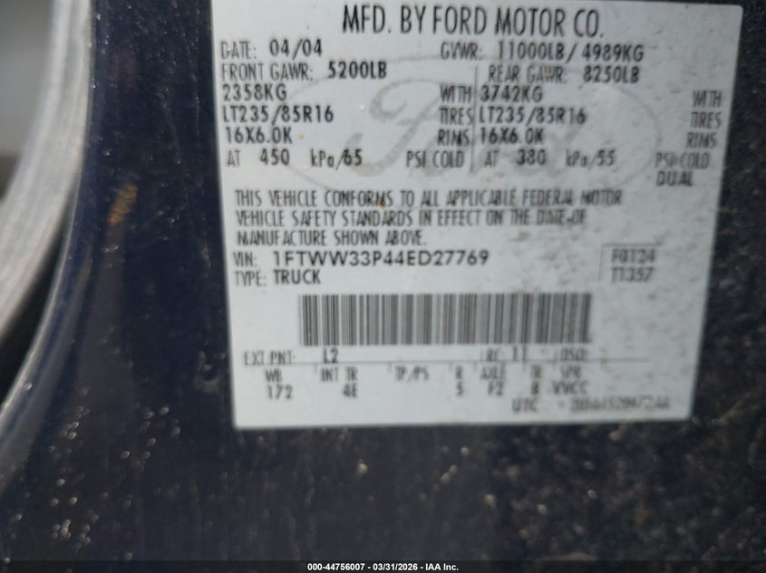 2004 Ford F350 VIN 1FTWW33P44ED27769 IAAI salvage auction — THEFT, Bill Of Sale (Connecticut), sold $2,050 on 2026-07-09 (photo 8)