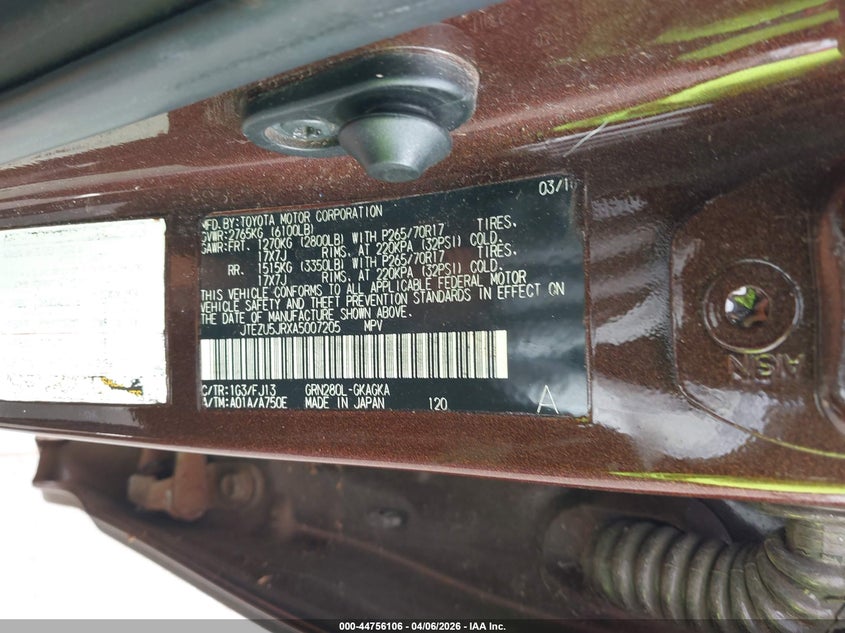 2010 Toyota 4runner VIN JTEZU5JRXA5007205 IAAI salvage auction — WATER/FLOOD, Salvage (Hawaii), sold $1,800 on 2026-07-28 (photo 9)