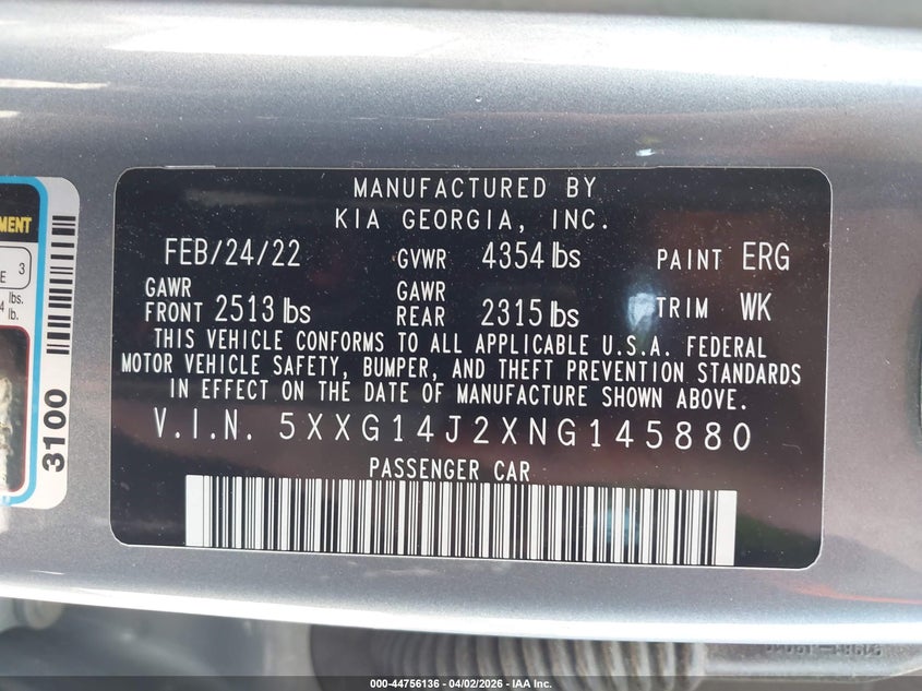 2022 Kia K5 VIN 5XXG14J2XNG145880 IAAI salvage auction — FRONT END, Salvage (Texas), sold $3,000 on 2026-07-28 (photo 9)