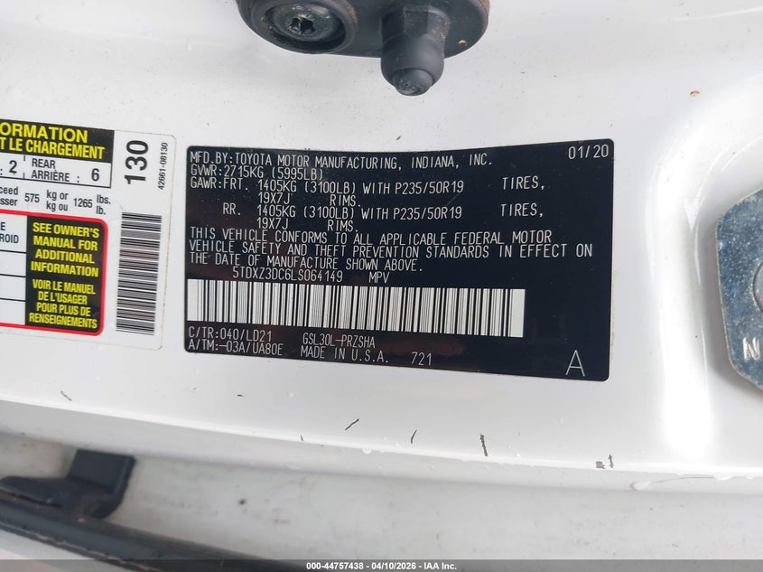 2020 Toyota Sienna VIN 5TDXZ3DC6LS064149 IAAI salvage auction — WATER/FLOOD, Salvage (Hawaii), sold $6,550 on 2026-07-14 (photo 9)