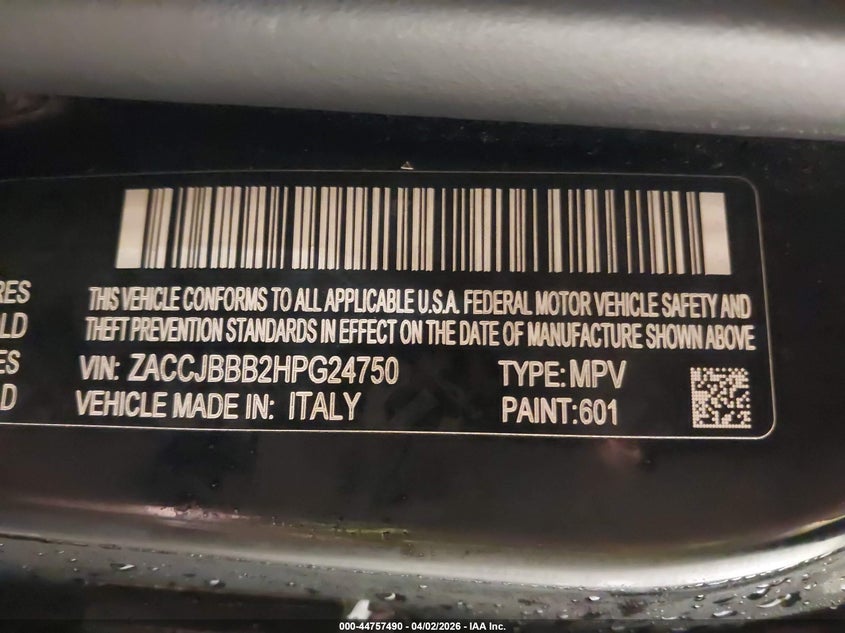 2017 Jeep Renegade VIN ZACCJBBB2HPG24750 IAAI salvage auction — FRONT END, Wait Title, sold $1,200 on 2026-07-07 (photo 9)