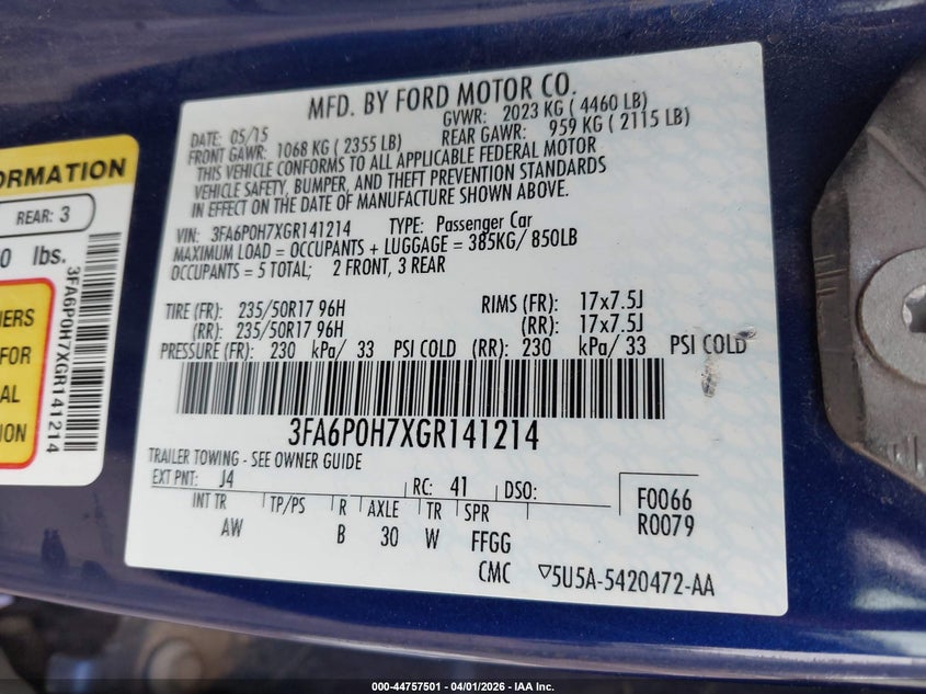 2016 Ford Fusion VIN 3FA6P0H7XGR141214 IAAI salvage auction — FRONT END, Clear (Oklahoma), sold $1,300 on 2026-07-09 (photo 9)