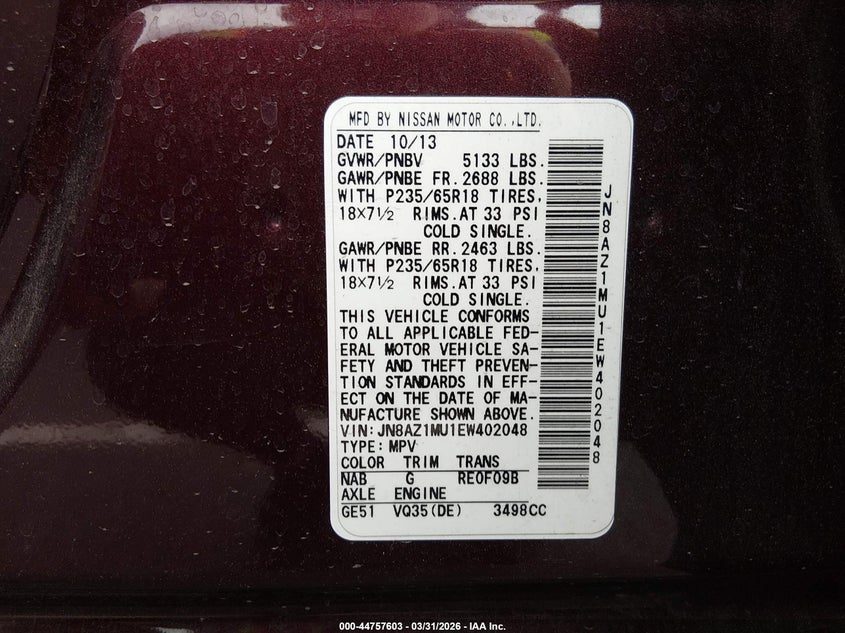 2014 Nissan Murano VIN JN8AZ1MU1EW402048 IAAI salvage auction — LEFT & RIGHT, Clear (Nevada), sold $275 on 2026-07-10 (photo 9)