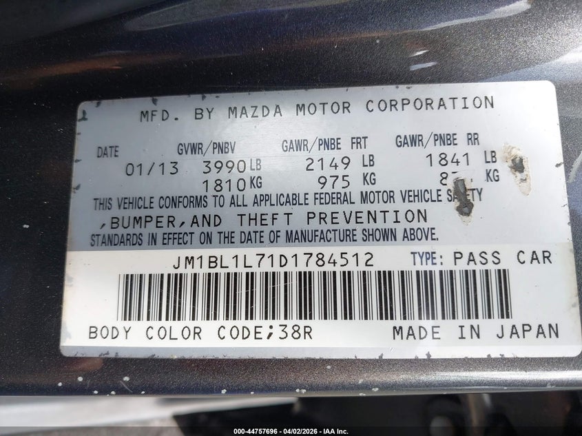 2013 Mazda 3 VIN JM1BL1L71D1784512 IAAI salvage auction — LEFT REAR, Salvage (Hawaii), sold $75 on 2026-07-28 (photo 9)