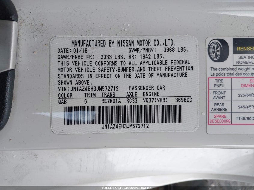 2018 Nissan 370z VIN JN1AZ4EH3JM572712 IAAI salvage auction — SIDE, Wait Title, sold $3,500 on 2026-07-12 (photo 9)