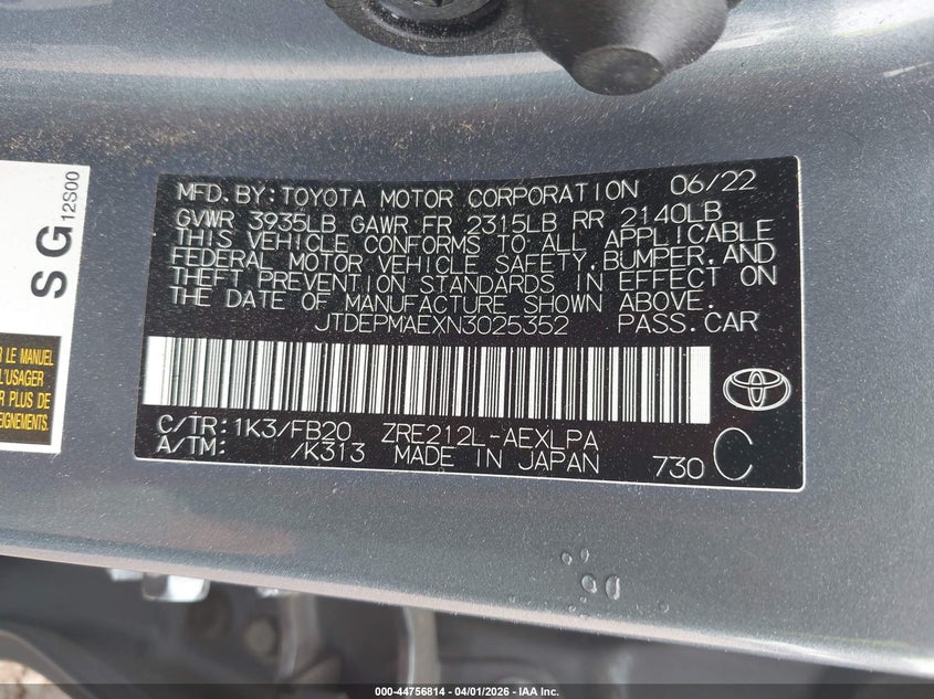 2022 Toyota Corolla VIN JTDEPMAEXN3025352 IAAI salvage auction — REAR END, Salvage (Alabama), sold $4,100 on 2026-08-02 (photo 9)