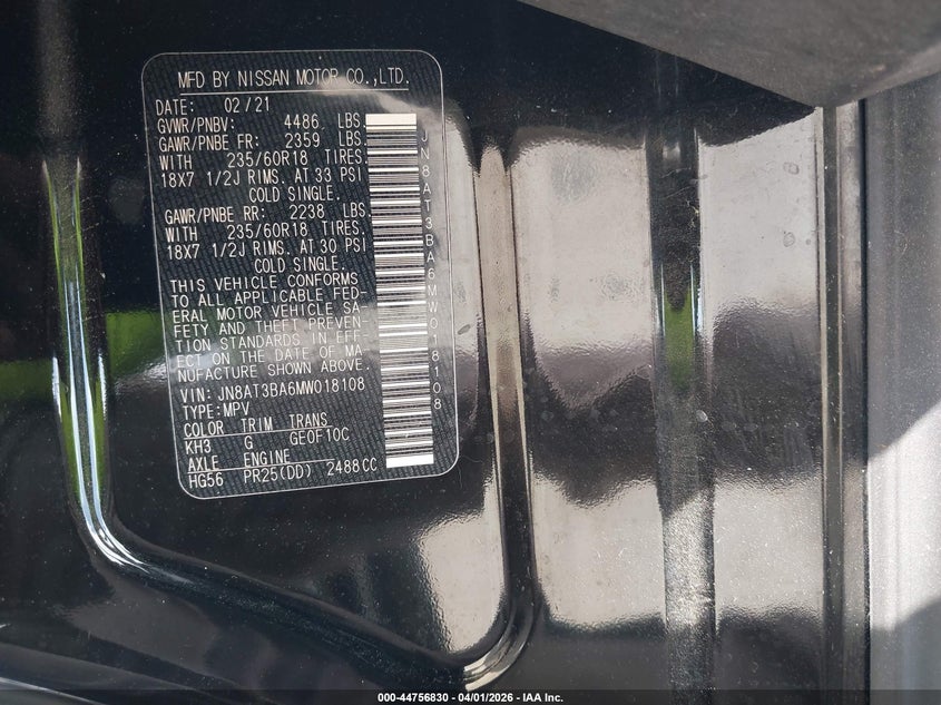 2021 Nissan Rogue VIN JN8AT3BA6MW018108 IAAI salvage auction — FRONT END, Wait Title, sold $3,850 on 2026-07-10 (photo 9)