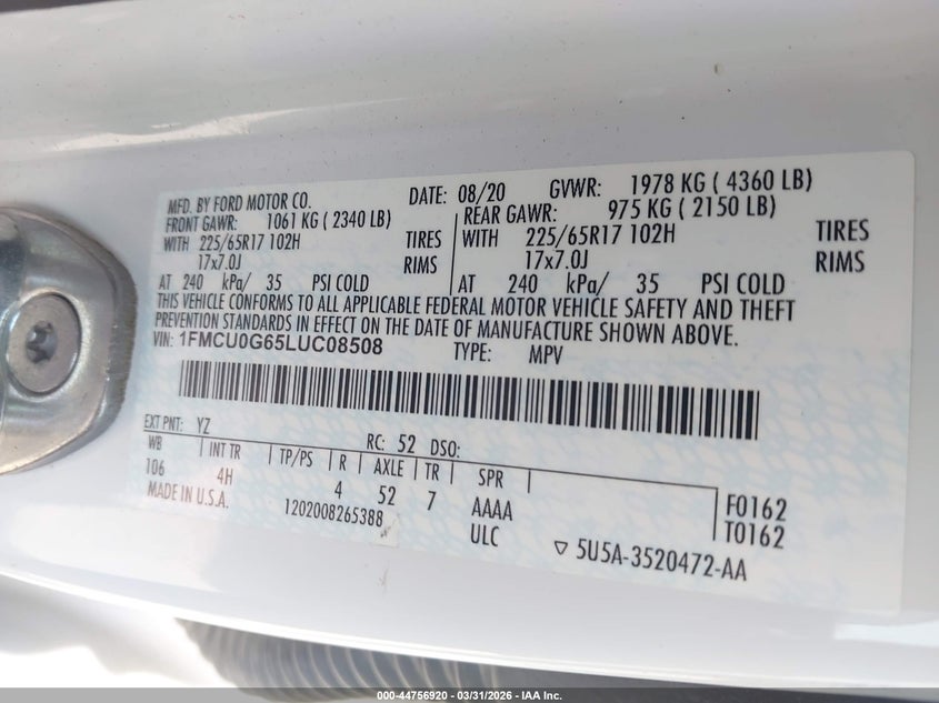 2020 Ford Escape VIN 1FMCU0G65LUC08508 IAAI salvage auction — REAR END, Wait Title, sold $2,100 on 2026-07-09 (photo 9)