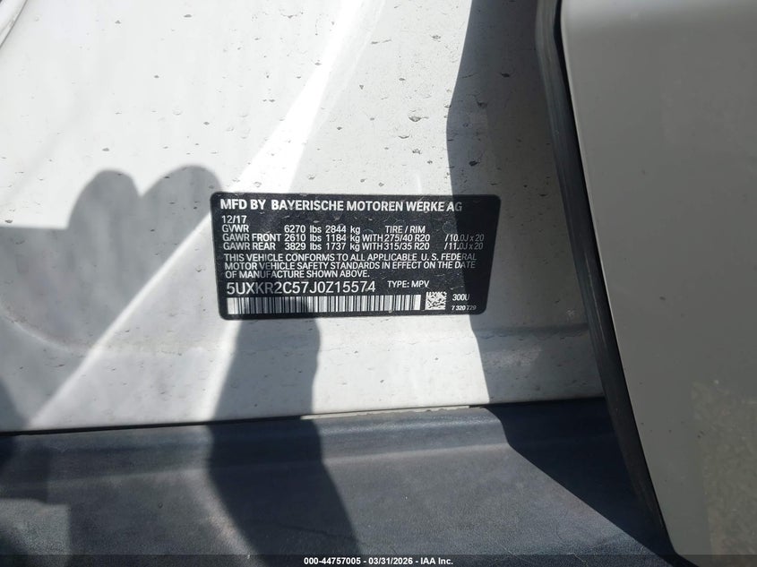 2018 BMW X5 VIN 5UXKR2C57J0Z15574 IAAI salvage auction — RIGHT FRONT, Wait Title, sold $3,850 on 2026-07-22 (photo 7)