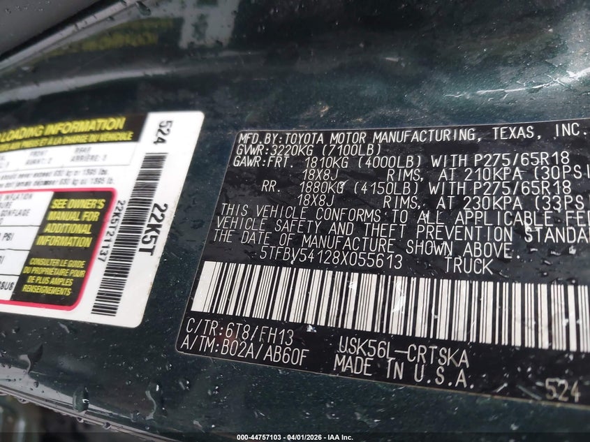 2008 Toyota Tundra VIN 5TFBV54128X055613 IAAI salvage auction — FRONT END, Salvage (California), sold $2,300 on 2026-07-29 (photo 9)