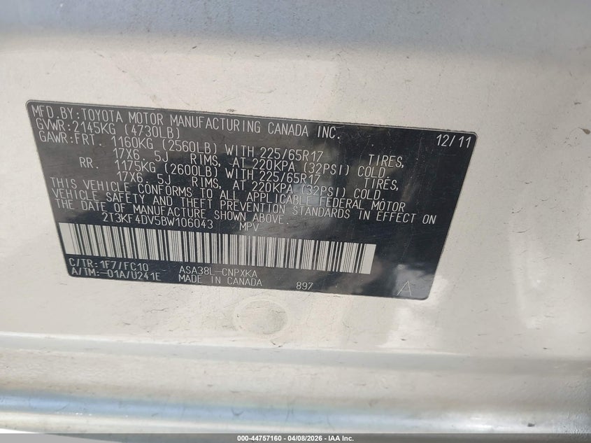 2011 Toyota Rav4 VIN 2T3KF4DV5BW106043 IAAI salvage auction — LEFT FRONT, Original (Texas), sold $2,050 on 2026-07-10 (photo 9)