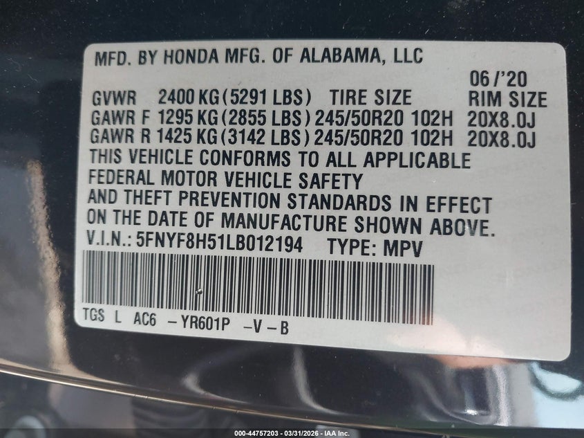 2020 Honda Passport VIN 5FNYF8H51LB012194 IAAI salvage auction — LEFT SIDE, Wait Title, sold $7,050 on 2026-07-30 (photo 9)