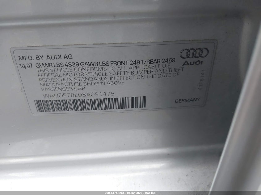 2008 Audi A4 VIN WAUDF78E08A091475 IAAI salvage auction — FRONT END, Mv-907A (New York), sold $575 on 2026-07-07 (photo 9)