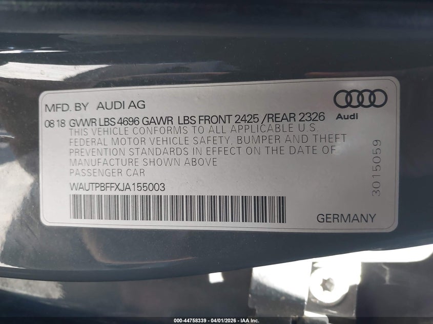 2018 Audi VIN WAUTPBFFXJA155003 IAAI salvage auction — FRONT END, Wait Title, sold $2,075 on 2026-07-28 (photo 9)