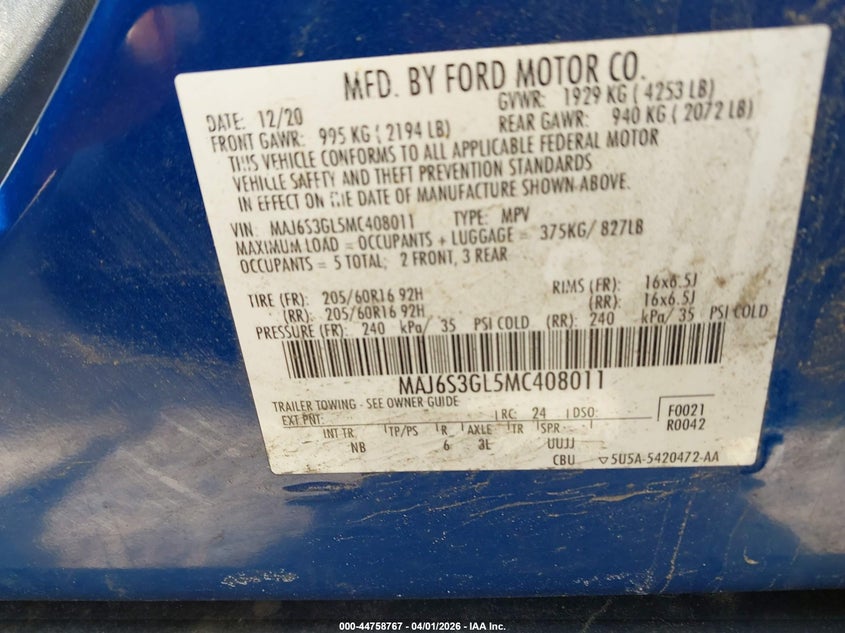 2021 Ford Ecosport VIN MAJ6S3GL5MC408011 IAAI salvage auction — RIGHT SIDE, Salvage (North Carolina), sold $1,475 on 2026-07-06 (photo 9)