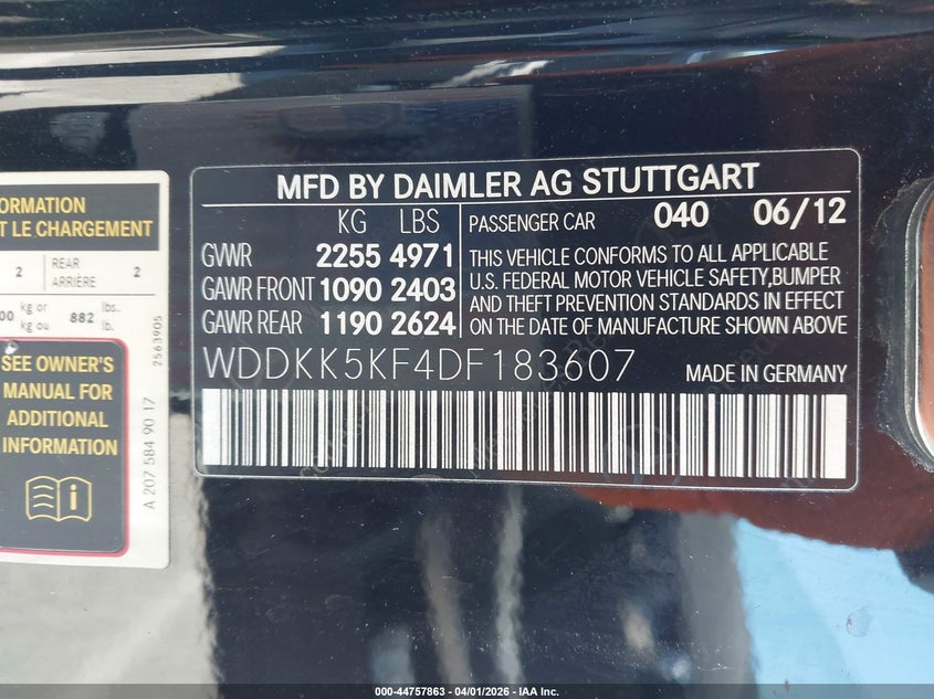 2013 Mercedes-benz E-klasse VIN WDDKK5KF4DF183607 IAAI salvage auction — FRONT END, Wait Title, sold $1,050 on 2026-08-06 (photo 9)