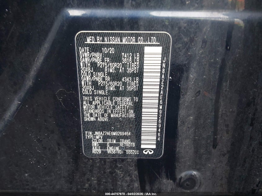 2021 Infiniti Qx80 VIN JN8AZ2AE6M9269464 IAAI salvage auction — FRONT & REAR, Wait Title, sold $3,450 on 2026-07-23 (photo 9)