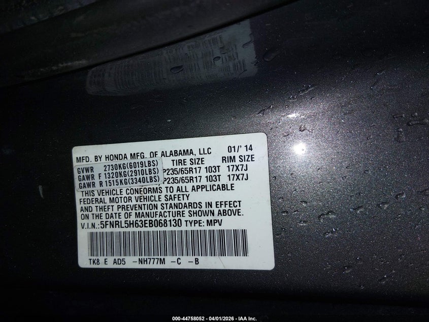 2014 Honda Odyssey VIN 5FNRL5H63EB068130 IAAI salvage auction — FRONT END, Salvage (Oregon), sold $1,550 on 2026-07-09 (photo 9)